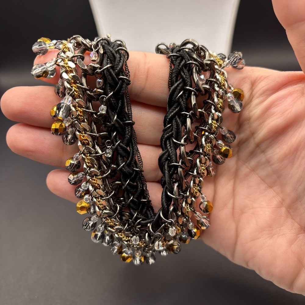 Vintage Y2K Black Cord Chain Dangle Beaded Statement Necklace Mixed Metal Boho - Picture 10 of 12